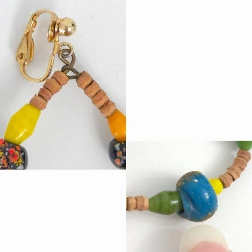 Vintage Beaded Floral & Wooden Teardrop Dangle‎ Boho Clip Earrings (Set of 2)